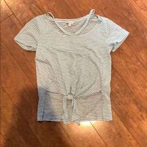 blue/ white strips with tie at the bottom